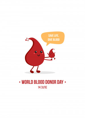 Cartoon blood drop characters promoting blood donation for World Blood Donor Day