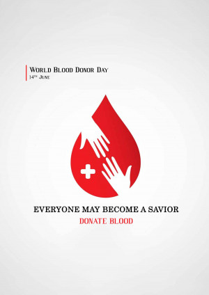 World Blood Donor Day poster with a blood drop and hands