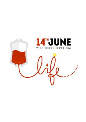 Illustration for World Blood Donor Day featuring a blood bag and the word 'life'.