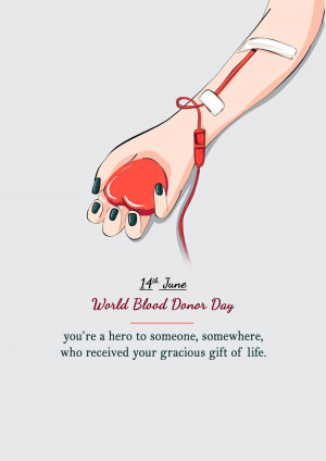 Illustration of an arm donating blood with a heart-shaped blood bag and text for World Blood Donor Day.