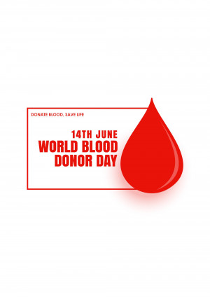 World Blood Donor Day poster with a blood drop and text