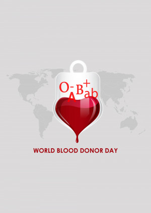 Image depicting a blood bag with blood type symbols and a world map, promoting World Blood Donor Day.