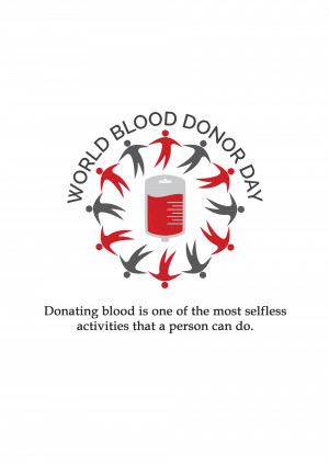 World Blood Donor Day emblem with people holding hands around a blood bag.