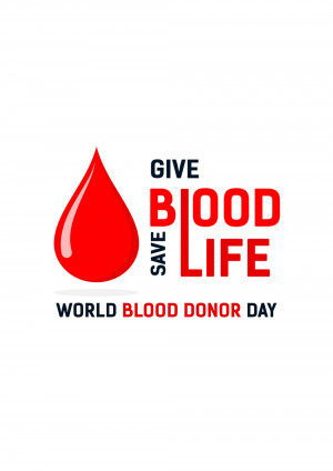 Red blood drop with text promoting blood donation for World Blood Donor Day
