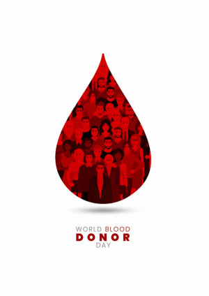 Illustration of a blood drop filled with silhouettes of people, promoting World Blood Donor Day.