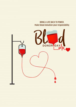 Illustration of a blood bag connected to an IV drip with a heart-shaped line and text promoting blood donation.