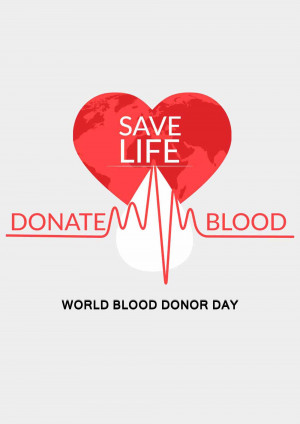 Image promoting blood donation with a heart-shaped world and a heartbeat line.
