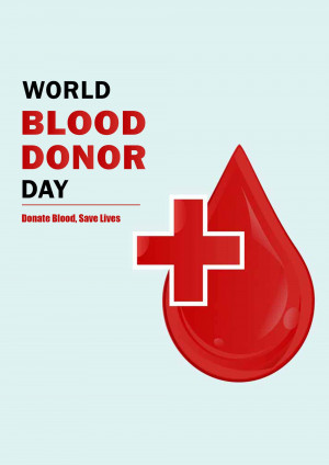 World Blood Donor Day poster with a blood drop and red cross symbol