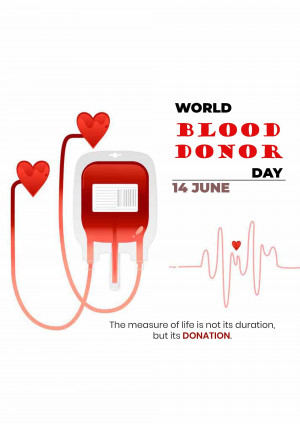 World Blood Donor Day poster with blood bag and heart illustrations