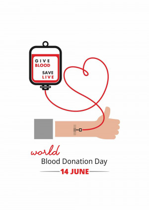 Illustration of a blood bag with a heart-shaped tube connected to an arm with a thumbs up, promoting blood donation.