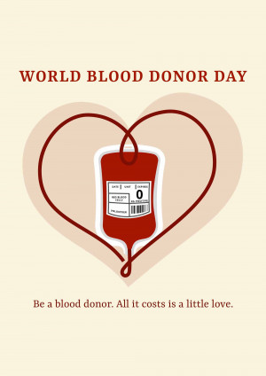 World Blood Donor Day poster with a blood bag shaped like a heart