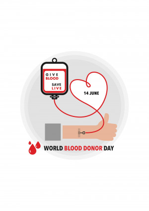 Illustration of a blood bag, heart, and arm with a needle, promoting World Blood Donor Day.