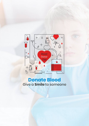 Image promoting blood donation with a child and medical icons.