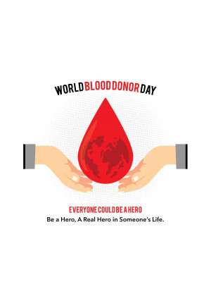 Illustration depicting hands holding a blood drop with the world inside for World Blood Donor Day.