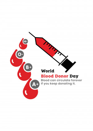 Illustration of blood drops, a syringe, and text celebrating World Blood Donor Day.
