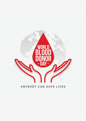 World Blood Donor Day graphic with a blood drop and hands