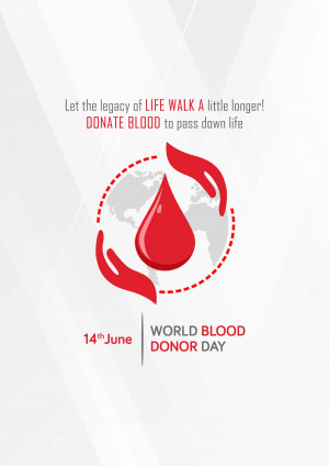 World Blood Donor Day poster with a blood drop and hands around the globe.