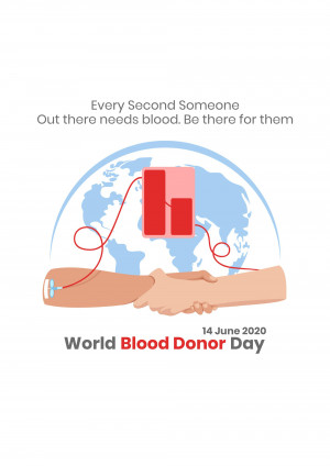 Illustration promoting blood donation with a handshake and blood bag over a world map.