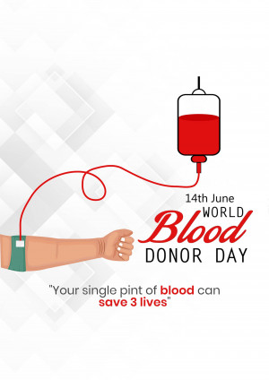 Illustration of a blood bag connected to a donor's arm with text celebrating World Blood Donor Day.