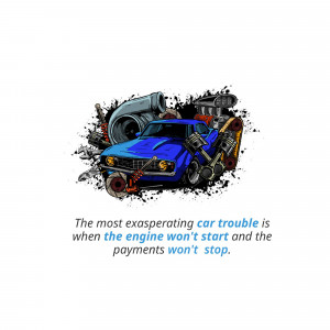 Detailed illustration of a blue muscle car with exposed engine parts and mechanical components.