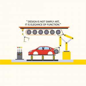 Illustration of a robotic assembly line producing a red car