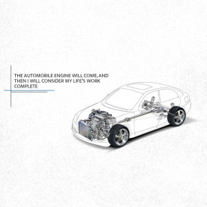 Blueprint illustration of a car with visible engine and internal components