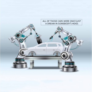 Robotic arms assembling a car on a production line, illustrating the journey from concept to creation.