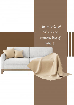 A light grey sofa with brown pillows and a draped fabric in a minimalist setting.