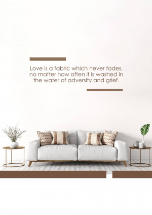 A cozy living room scene with a sofa, plants, and a quote about love.