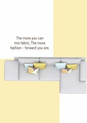 A top-down view of a light gray sectional sofa with colorful pillows, set against a two-tone yellow and white background with text.