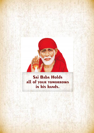 Image of Sai Baba holding a flame with a motivational quote.