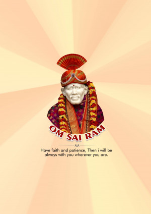 Portrait of Sai Baba with a traditional headgear and garland, with the text 'Om Sai Ram' displayed.