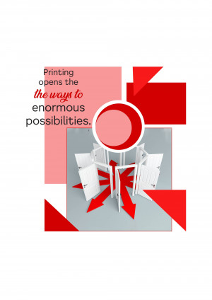 Abstract image of doors opening with red arrows and text about printing possibilities.