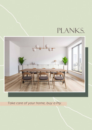 A bright and airy dining room featuring a long wooden table and chairs, with a focus on Ply wood products.