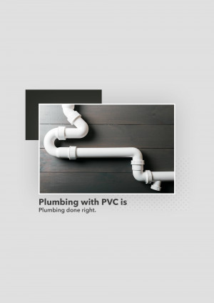 Overhead view of white PVC pipes arranged on a dark wooden surface with text overlay.