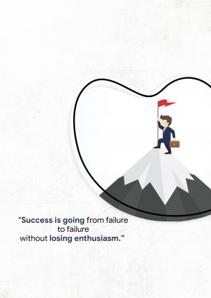 Illustration of a man climbing a mountain with a flag, representing success and perseverance.