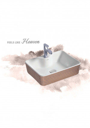 White rectangular bathroom sink with a wooden base and chrome faucet