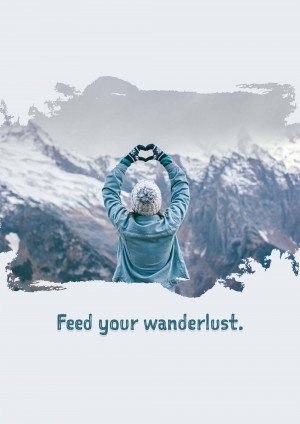 Woman making a heart shape with her hands in front of a snowy mountain landscape.