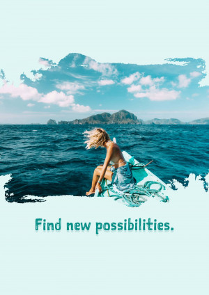 Woman sitting on a boat in turquoise water with an island backdrop