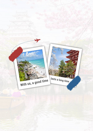 Collage of travel photos with a red airplane and text overlay