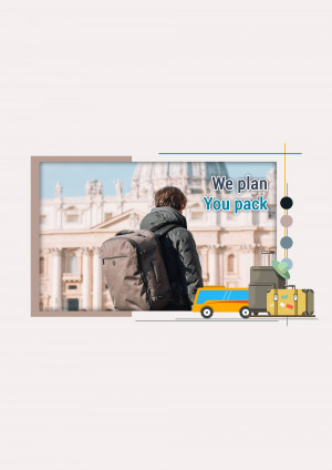 A person with a backpack standing in front of a landmark with travel-themed illustrations.