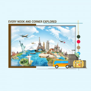 Illustration of famous landmarks around the world with travel elements.