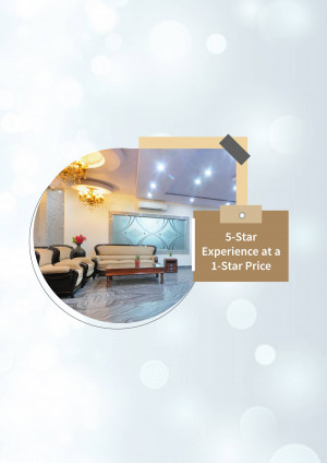 Modern living room interior with a promotional text overlay