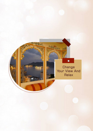 A scenic view of Lake Pichola in Udaipur, India, framed within an ornate window.