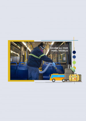 A worker disinfecting a public bus interior with a spray nozzle.