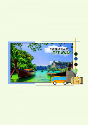 Image promoting a tropical vacation with a boat, beach, and travel elements.