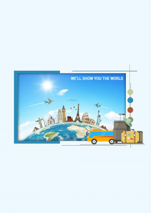 Illustration of a globe with famous landmarks and travel elements.