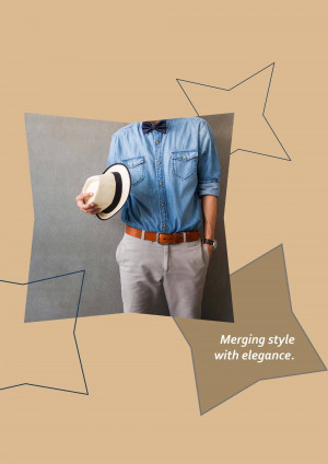 A man wearing a denim shirt, bow tie, and hat, with abstract shapes around him.