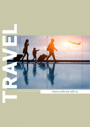 Silhouettes of a family with luggage walking through an airport terminal towards a departing airplane.