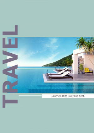 Infinity pool overlooking a tropical beach with the word 'TRAVEL' vertically displayed.